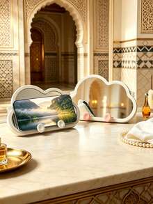 Cute Cloud Design Multifunctional Makeup Mirror, Built-In Phone Holder, Supports Smartphones And Small Tablets. Foldable Stand Suitable For Desktop Use, Back Hanging Hole For Wall Mounting. Equipped With Storage Hooks To Hold Hair Ties And Hair Clips. Ideal Vanity Decoration, Perfect For Makeup And Hands-Free Video Viewing. - Multicolor - View 1