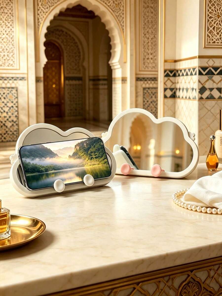 Cute Cloud Design Multifunctional Makeup Mirror, Built-In Phone Holder, Supports Smartphones And Small Tablets. Foldable Stand Suitable For Desktop Use, Back Hanging Hole For Wall Mounting. Equipped With Storage Hooks To Hold Hair Ties And Hair Clips. Ideal Vanity Decoration, Perfect For Makeup And Hands-Free Video Viewing. - Multicolor - View 1