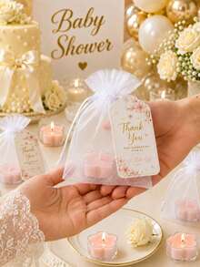 1/6/12 Sets Light Pink Floral Candles Party Favors, Includes Organza Bags And Thank You Cards, Suitable For Baby Shower, Baptism, First Communion And Birthday Guest Gifts - Pink - View 4