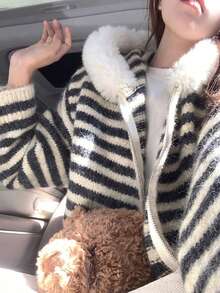 Women's Autumn/Winter Loose Slouchy Colorblock Striped Hooded Knit Cardigan Sweater Jacket With Fur Collar - Dark Grey - View 3