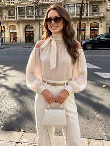 Polka Dot Print Open Shoulder Tie-Up Chiffon Blouse, Summer Vacation White - White - View 1