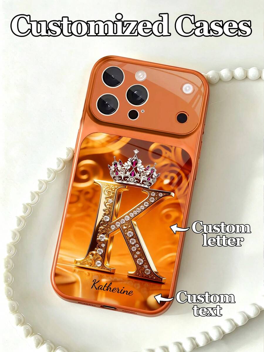 1pc Customizable Text & Letter Design Crown Rhinestone Decor Tempered Glass Phone Case, Compatible With IPhone 17 ProMax/17 Air/15/16 Pro/14 Plus/13 Pro/12 Pro Max/11, UV Printing, Tempered Glass Camera & Back Protection, Large Window Phone Protective Cover, Best Gift For Friends And Family - Orange - View 1