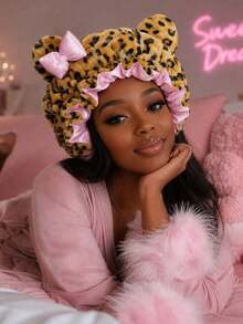 CONFLASS Leopard Print Bear Ear Satin Lined Sleep Cap, Cute Pink Bow Fleece Headband, Women's Curly Hair Protection Night Cap, Soft Plush Sleep Headband - Multicolor - View 8