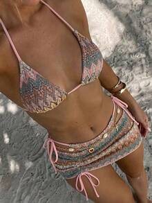 Bikinx 女款夏季海灘波浪圖案掛脖綁帶性感比基尼兩件式泳衣套裝附遮陽裙 度假用 - 彩色 - 查看 5