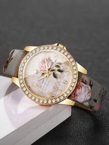 Vintage Style Women's Wristwatch With Rhinestone Case, Rose Dial, Floral Print PU Leather Strap, Quartz Watch, Gift For Girlfriend (1pc/Set) Watch Box Not Included, Note: The Print Position On The Strap Is Random And Cannot Be Consistent! - Grey - View 7