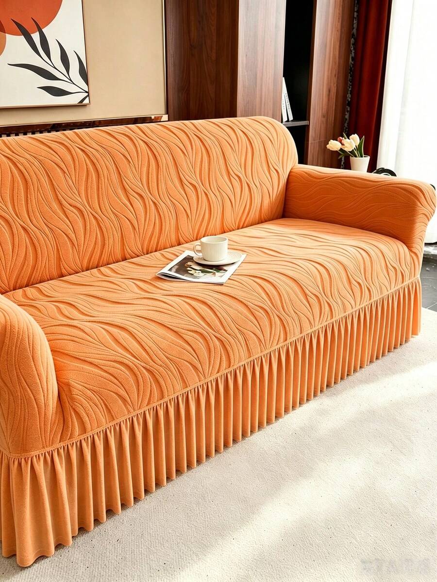 1 Buah Sarung Sofa Anti Debu dan Anti Hewan Peliharaan Model Rok Jacquard Bergelombang, Desain Bergelombang 3D Timbul yang Mewah, Warna Oranye Cerah, Cocok untuk Sofa 1/2/3/4 Dudukan, Kain Bulu Lembut, Sepanjang Musim