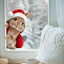 1/3/5pcs Christmas Rabbit Window Stickers, Cute Peeking Rabbit With Christmas Hat Static Cling Glass Decals, Reusable Double-Sided Glue-Free Vinyl Stickers, Holiday Home Window & Door Decor - Christmas Rabbit Window Sticker - View 5