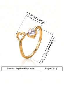 1pc Elegant Heart-Shaped Single Diamond Gold Ring, Four-Prong Zirconia Inlay, Adjustable Open Band, Suitable For Women's Engagement Or Daily Wear - Gold - View 4