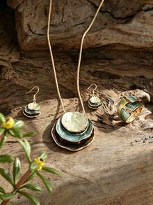 Cring Coco 4Pcs Women Retro Layered Green Gradient Enamel Jewelry Set, Irregular Snake Chain Necklace Drop Earrings Adjustable Ring Boho Statement Accessories - Geometry 1 - View 1