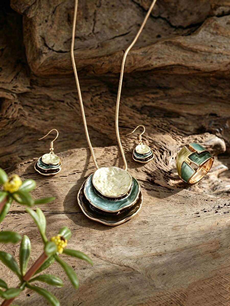 Cring Coco 4Pcs Women Retro Layered Green Gradient Enamel Jewelry Set, Irregular Snake Chain Necklace Drop Earrings Adjustable Ring Boho Statement Accessories - Geometry 1 - View 1