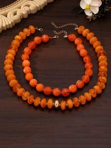 OABE 2pcs/Set Bohemian Style Orange Beaded Necklace Set With Round And Oval Beads Suitable For Women's Daily Wear - Orange - View 4