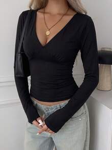 SCARLUX Fall Y2K Women Basic Black Off‑The‑Shoulder Top, Cross V‑Neck Slim‑Fit Long Sleeve Tee For Back To School Going Out Casual Wear - Black - View 10