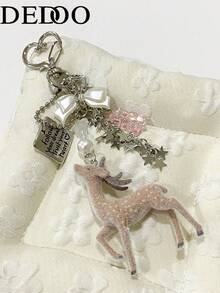Dedoo Deer-Shaped Keychain Pendant, Lace Pearl Bow Bag Charm, Korean Sweet Clover Backpack Hanging Chain, Y2K Girly Style Gift - Multicolor - View 2