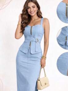 2-PIECE SET CAMI TOP WITH ZIPPER + ELEGANT CHIC LONG SKIRT WITH SIDE SLIT. - 淺藍色 - 查看 2