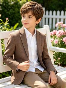 Boys' Light Brown Herringbone Suit Jacket, Notch Lapel Single-Breasted Gentleman Blazer, Suitable For Weddings, Birthdays, Photoshoots, Ceremonies - Brown - View 1
