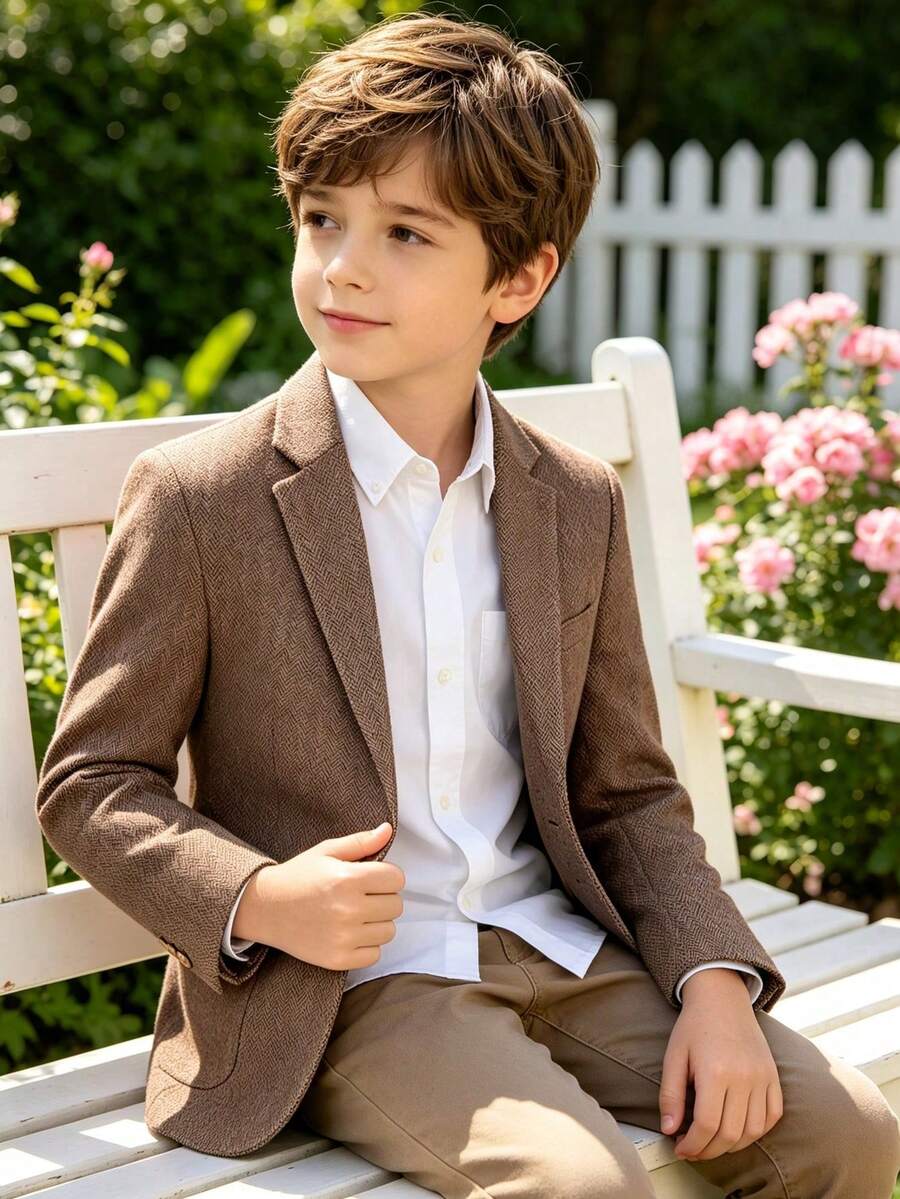 Boys' Light Brown Herringbone Suit Jacket, Notch Lapel Single-Breasted Gentleman Blazer, Suitable For Weddings, Birthdays, Photoshoots, Ceremonies - Brown - View 1