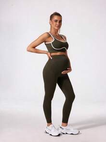 Maternity High Waist Seamless Elastic Solid Color Leggings, Suitable For Casual Daily Wear - Camel - View 3