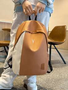 Dedoo Colorblock Zipper Backpack, Letter Embroidery & Label Details, Large Capacity, Student School Bag, Suitable For College Campus, Back To School Season Student Backpack - Brown - View 6