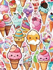 50Pcs Colorful Ice Cream Journal Stickers, Lovely Summer Dessert Cartoon Patterns Of Fruit‑Decorated Cones And Rainbow Sundaes, Suitable For Scrapbook, Tumbler, Tablet, Suitcase, Pencil Box - Multicolor - View 9
