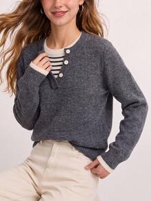 Women's Autumn Minimalist 2 In 1 Design Pullover Knit Sweater - Grey - View 5