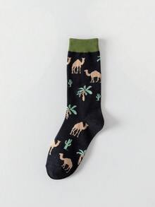Men's Vintage Desert Camel Jacquard Mid-Calf Socks, Ins Style Versatile Casual Long Socks, Breathable Soft Comfortable Socks, Suitable For Daily Wear - Multicolor - View 17