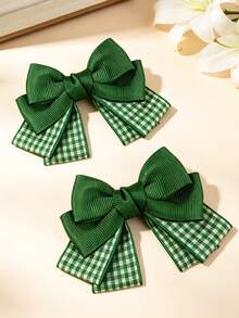 2pcs Kids Green Plaid Print Bow Hair Clips, Versatile Casual Decorative Hair Clips, Suitable For Daily Wear And Outings - Multicolor - View 2