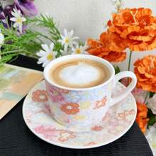 250ml 花卉陶瓷咖啡杯與杯碟套組，歐式下午茶套組，極具吸引力，適合居家使用與送禮 - 橘+粉 - 查看 1