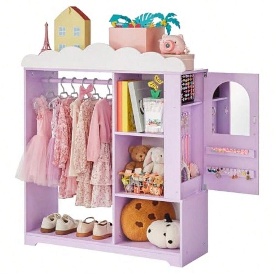Dress Up Storage, With Jewelry Cabinet, Dress Up Closet With Mirror And Shelves, Princess Costumes Wardrobe Closet, Toddler Costume Organizer Armoire, For Bedroom, Room, Girls, Purple - Purple - View 1