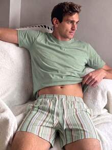 Men's Summer Crew Neck Casual T-Shirt And Casual Shorts Loungewear Set - Olive Green - View 1
