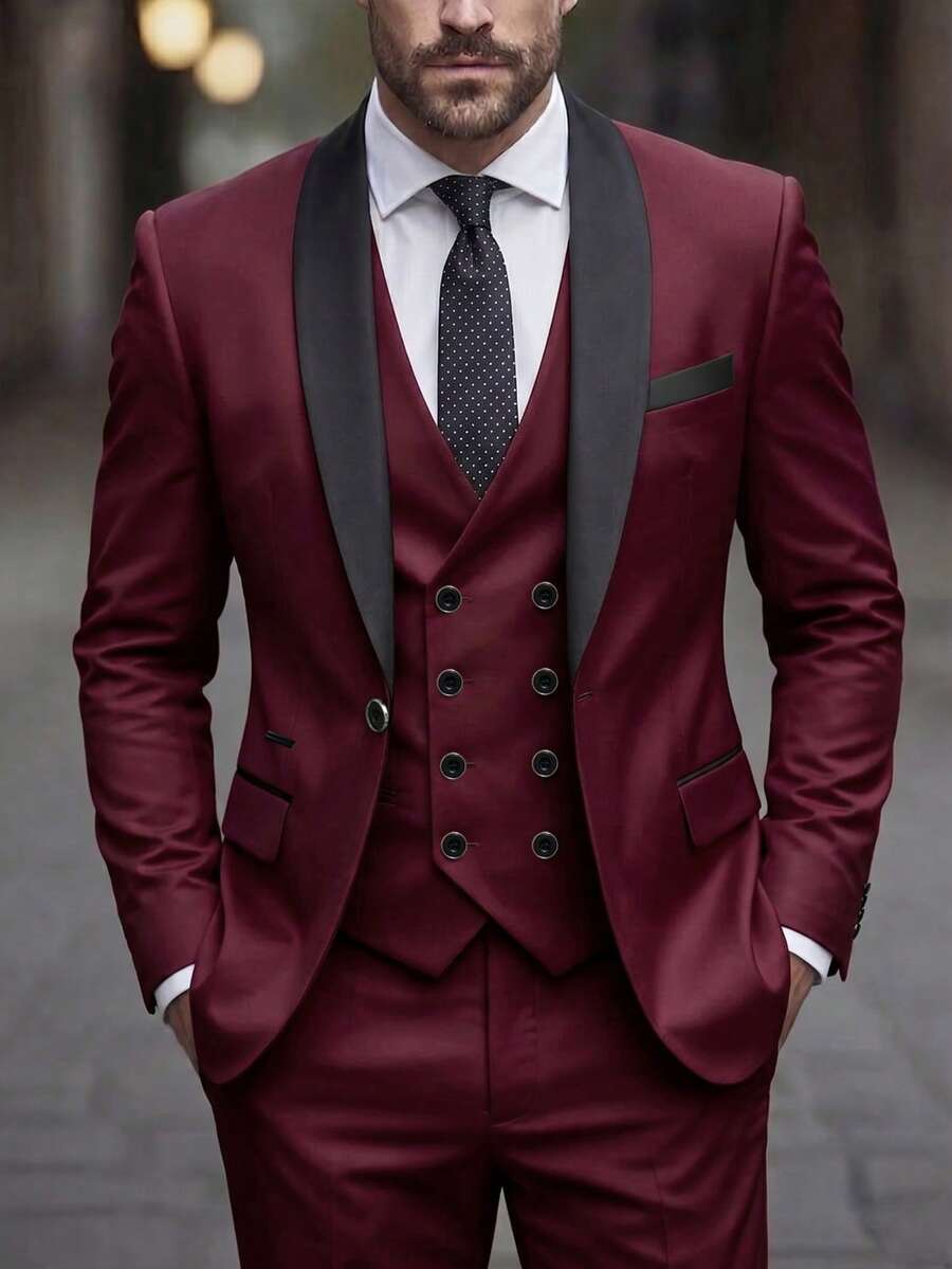 Men's 3-Piece Suit, Blazer + Vest + Trousers, Fashionable & High Quality, Suitable For Weddings, Parties Or Formal Events - Burgundy - View 1