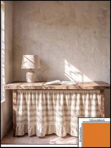 1/2pcs Beige Light Brown Horizontal Striped Table Skirt, Rustic Country Style Fabric Material, Rectangular Top With Pleated Details And Bottom Ruffle Hem, Concealment And Decorative Function, Suitable For Entryway Console Table Cover And Natural Rustic Home Decor - milk coffee color - View 15