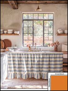 1/2pcs Beige & Blue Horizontal Striped Sink Skirt, Rustic Country Style Fabric Material, Rectangular Top With Pleated Detail And Bottom Ruffle Hem, Concealing Storage And Decorative Function, Kitchen Sink Curtain Suitable For Kitchen Sink Concealment And Natural Country Home Decor Scenes - Blue - View 13