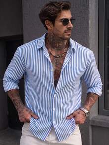 Men's Casual Woven Simple Blue & White Striped Shirt - Baby Blue - View 3