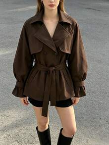 Women's Solid Color Waist Tie Fashion Versatile Daily Casual Trench Coat Jacket - Mocha Brown - View 6