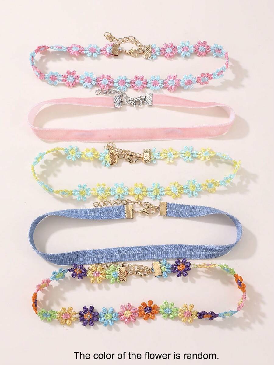 5件組女孩甜美蕾絲花朵頸鍊套組,青少年格紋布料領口項鍊 - 彩色 - 查看 1
