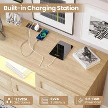 Cómoda de ratán de 6 cajones con estación de Carga, Luces LED, cómoda de Madera Natural para recámara, cómoda Moderna de Granja para guardería, Sala de Estar, Entrada - Beis - Ver 3