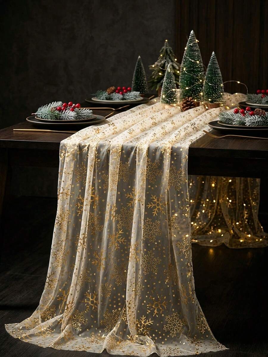 1件裝聖誕金色雪花網格桌旗，75cm*180cm網紗桌布，桌巾，聖誕快樂，聖誕裝飾，聖誕裝飾，聖誕餐桌裝飾，廚房餐桌裝飾，節日派對裝飾，冬季家居裝飾，DIY裝飾用品，新年裝飾，室內外通用
