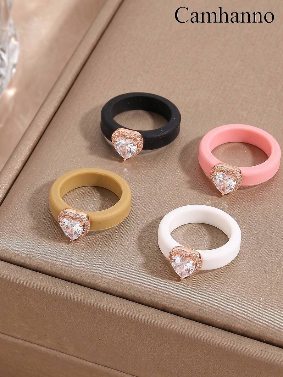 1pc Ins Sweet Multicolor Silicone Rings Sparkly Heart Crystal Casual Finger Accessory - Rose Gold - View 1