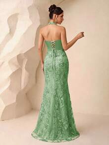 Mori Style Luxury Full-Body Floral Embroidery Beaded Long Dress, Halter Neck Mermaid Satin Evening Gown Fall - Green - View 6