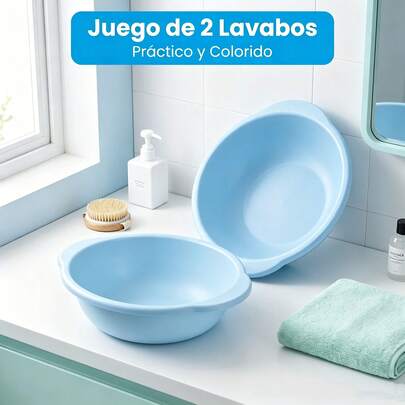 Lavabo de Plástico 10L con Asas Laterales, Tina Redonda Resistente, 2 Unidades, 4 Colores Disponibles, para Baño, Lavado Facial y Limpieza del Hogar