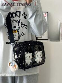 Japanese Style Cute Women's Polka Dot & Star Print Nylon Ita Bag, Multi-Pocket Transparent Crossbody Bag, Women's Handbag, Anime Shoulder Bag - Black - View 1