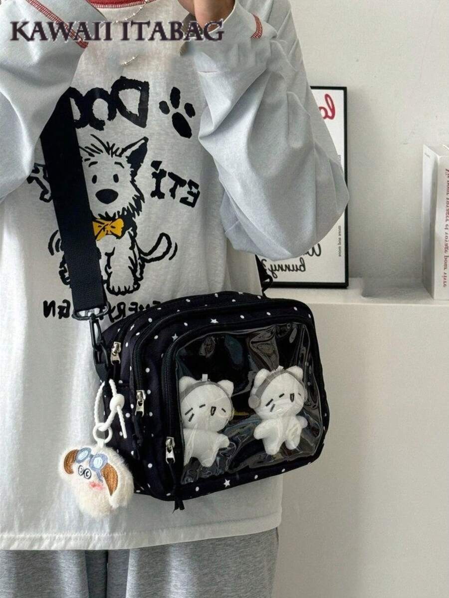 Japanese Style Cute Women's Polka Dot & Star Print Nylon Ita Bag, Multi-Pocket Transparent Crossbody Bag, Women's Handbag, Anime Shoulder Bag - Black - View 1