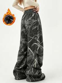 Marble Print Fleece Lined Wide Leg Cargo Pants, Drawstring Elastic Waist Loose Streetwear Long Pants - Black - View 2