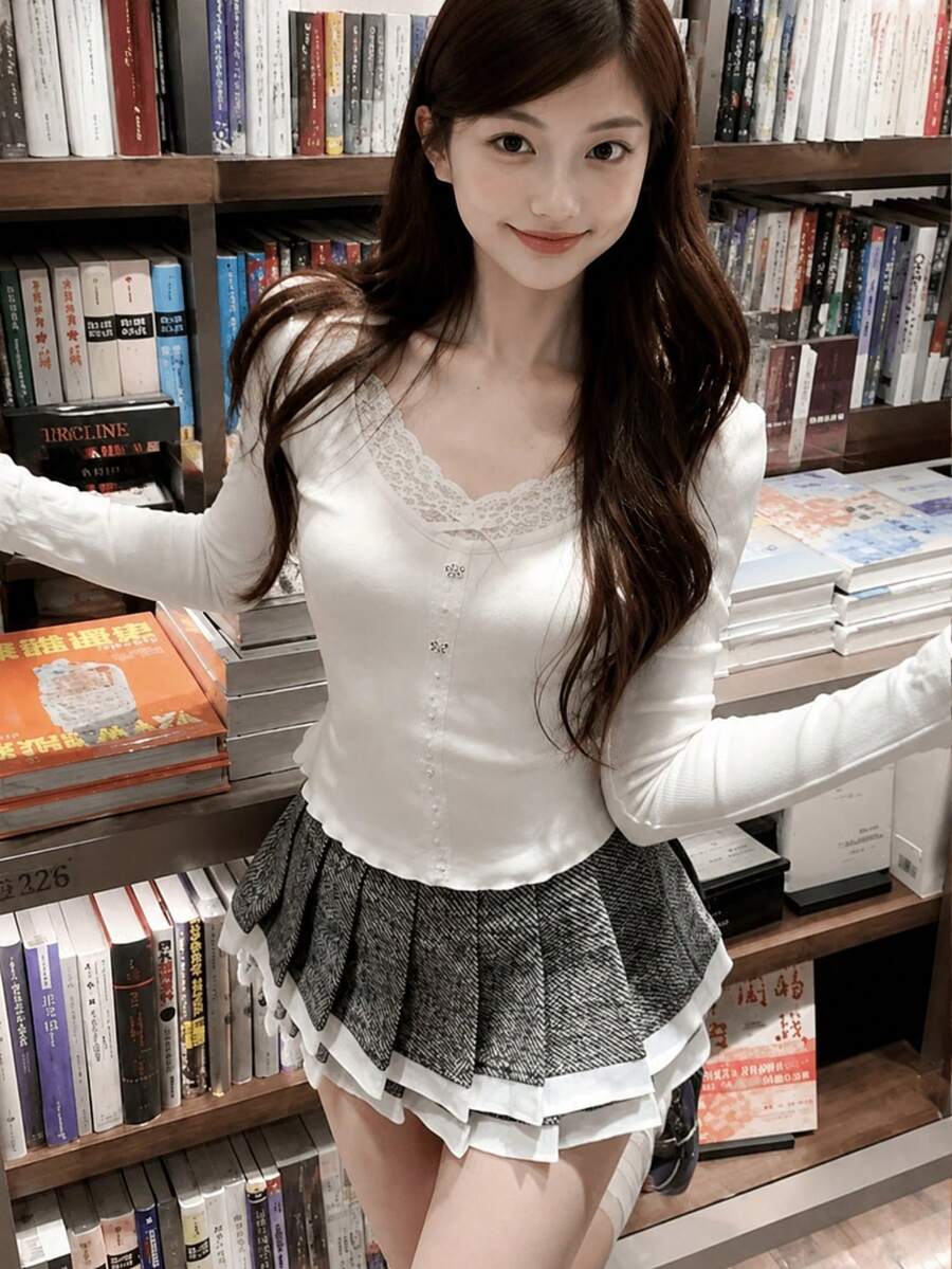 女士甜美蕾丝长袖修身V领打底衫,百搭白色上衣,适合秋冬春季穿着 - 白色 - 查看 1