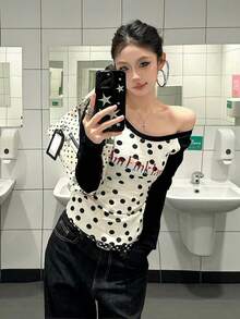 American Style Hot Girl Polka Dot Contrast Color Cold Shoulder Long Sleeve T-Shirt Women's Autumn Slim Fit Cold Shoulder Base Layer Top Black - Black - View 2