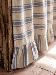 1/2pcs Beige & Blue Horizontal Striped Sink Skirt, Rustic Country Style Fabric Material, Rectangular Top With Pleated Detail And Bottom Ruffle Hem, Concealing Storage And Decorative Function, Kitchen Sink Curtain Suitable For Kitchen Sink Concealment And Natural Country Home Decor Scenes - Blue - View 7