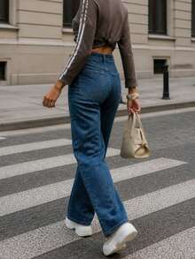 Women's Casual Versatile Daily Travel Denim Jeans With Pocket And Button - Dark Blue - View 2