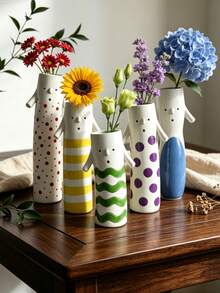 Cute Cartoon Character Resin Flower Vase, Green Wavy Stripes Face Vase With Small Arms, Creative Desktop Ornament, Tabletop Decor For Bedroom Living Room Shelf, Boho Home Decorative Gift - Figurine - View 5