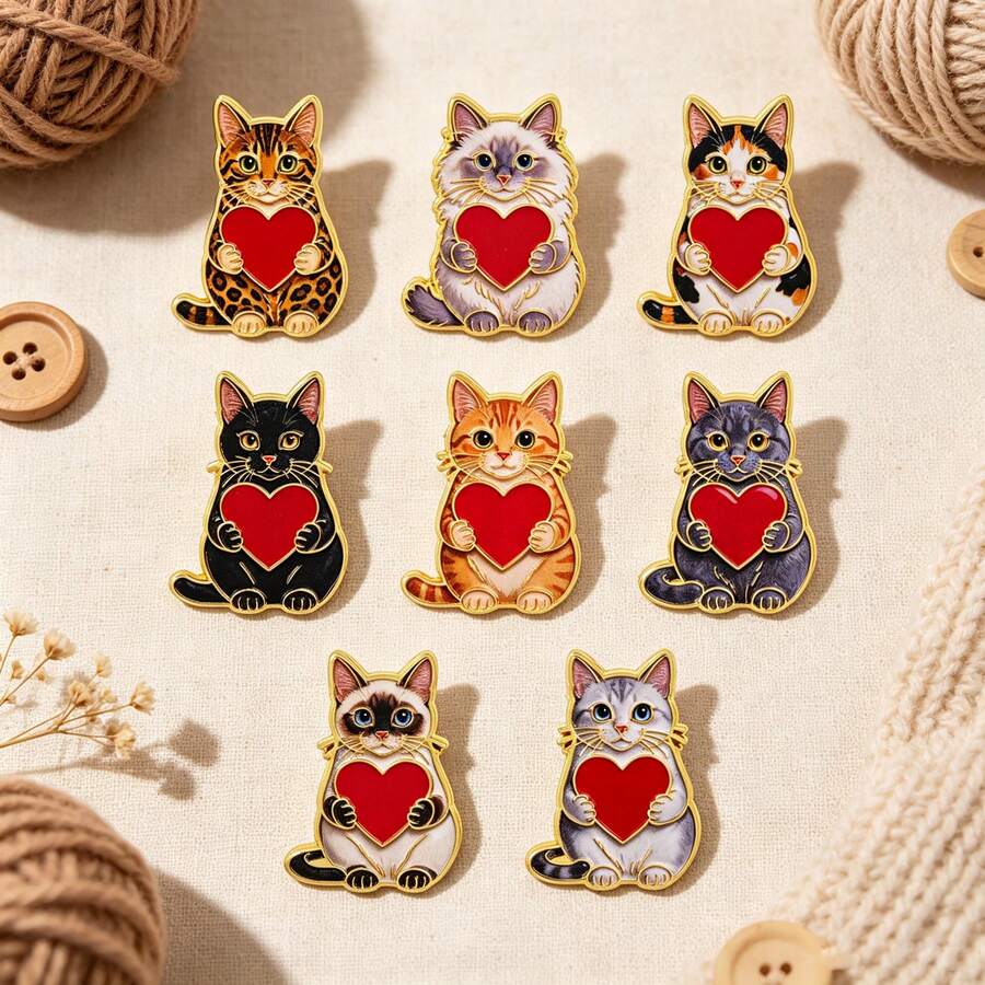 Cute Heart Holding Cat Enamel Pins Set, Lovely Kitten Lapel Brooches, Pet Animal Badges For Jackets Backpacks Hats, Sweet Jewelry Gifts For Cat Lovers