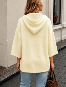 Plus Size Women's Solid Color Knit Fabric Pocket Drawstring Casual Versatile Commute Loose Hooded Pullover Sweater Holiday Daily Date Single Fall - Pale Yellow - View 3